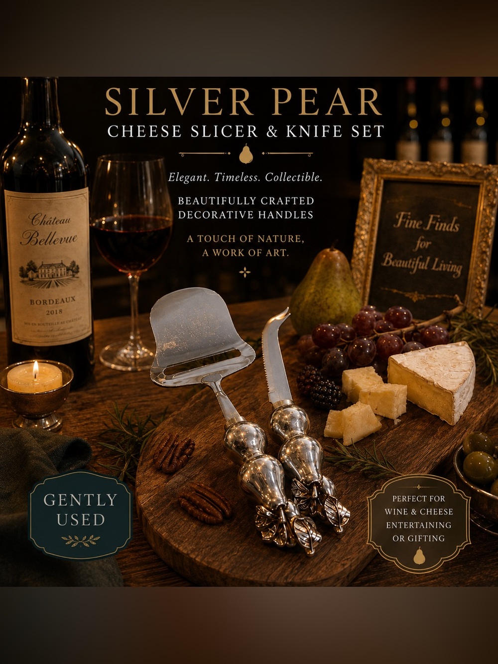 Silver Cheese Slicer and Knife Set with Pear ๐ Decorative Handles - Picture 2 of 2